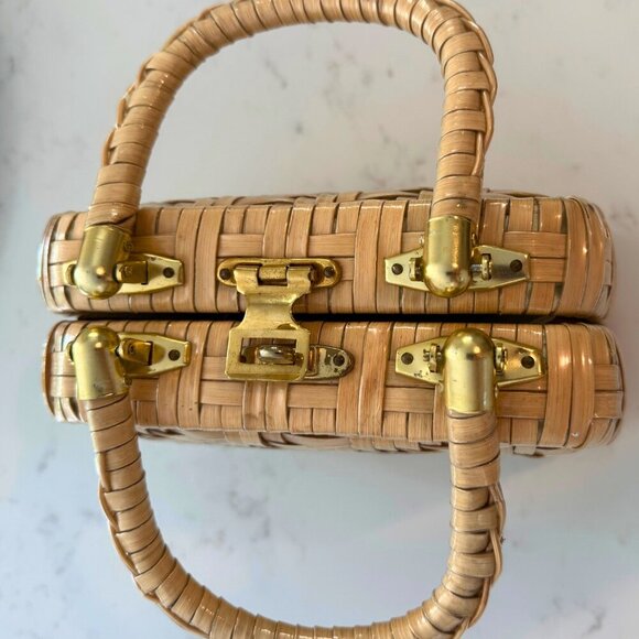 Vintage Lesco Rattan Box Handbag Top Handle Purse Hong Kong Gold Hardware - Picture 2 of 10